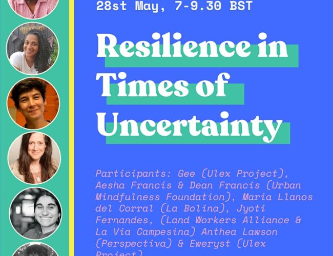 Promotional flyer with information about session four on Resilience in Times of Uncertainty with photos of speakers and event information.