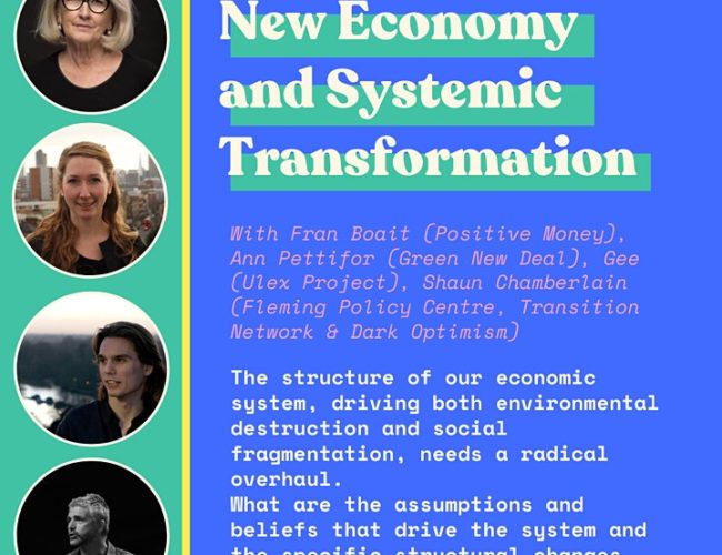 Promotional flyer with information about session four on New Economy and Systemic Transformation with photos of speakers and event information.