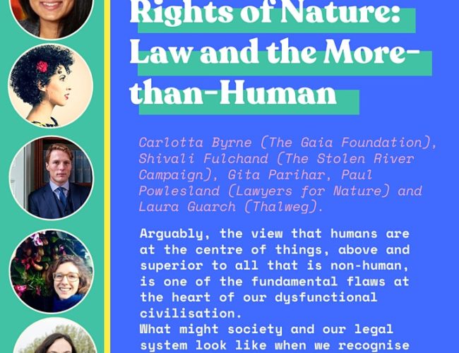 Promotional flyer with information about session two on Rights of Nature and the more-than-human with photos of speakers and event information.