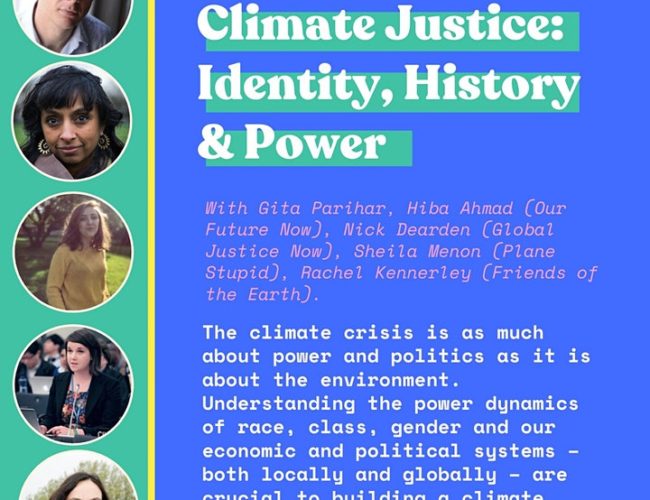 Promotional flyer with information about session two on Climate Justice: Identity, history and power with photos of speakers and event information.